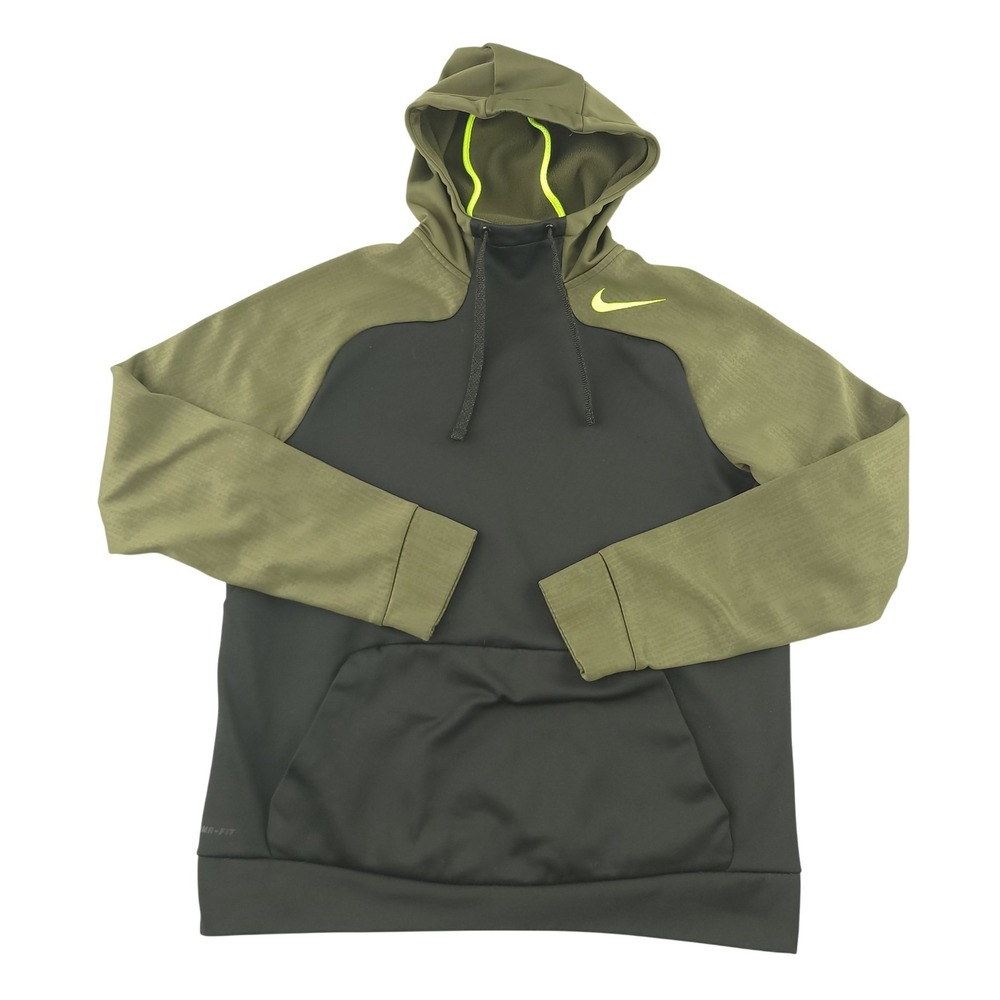 Nike Therma-FIT Hoodie Mens M Black Olive Fleece Pullover Kangaroo Pocket Top